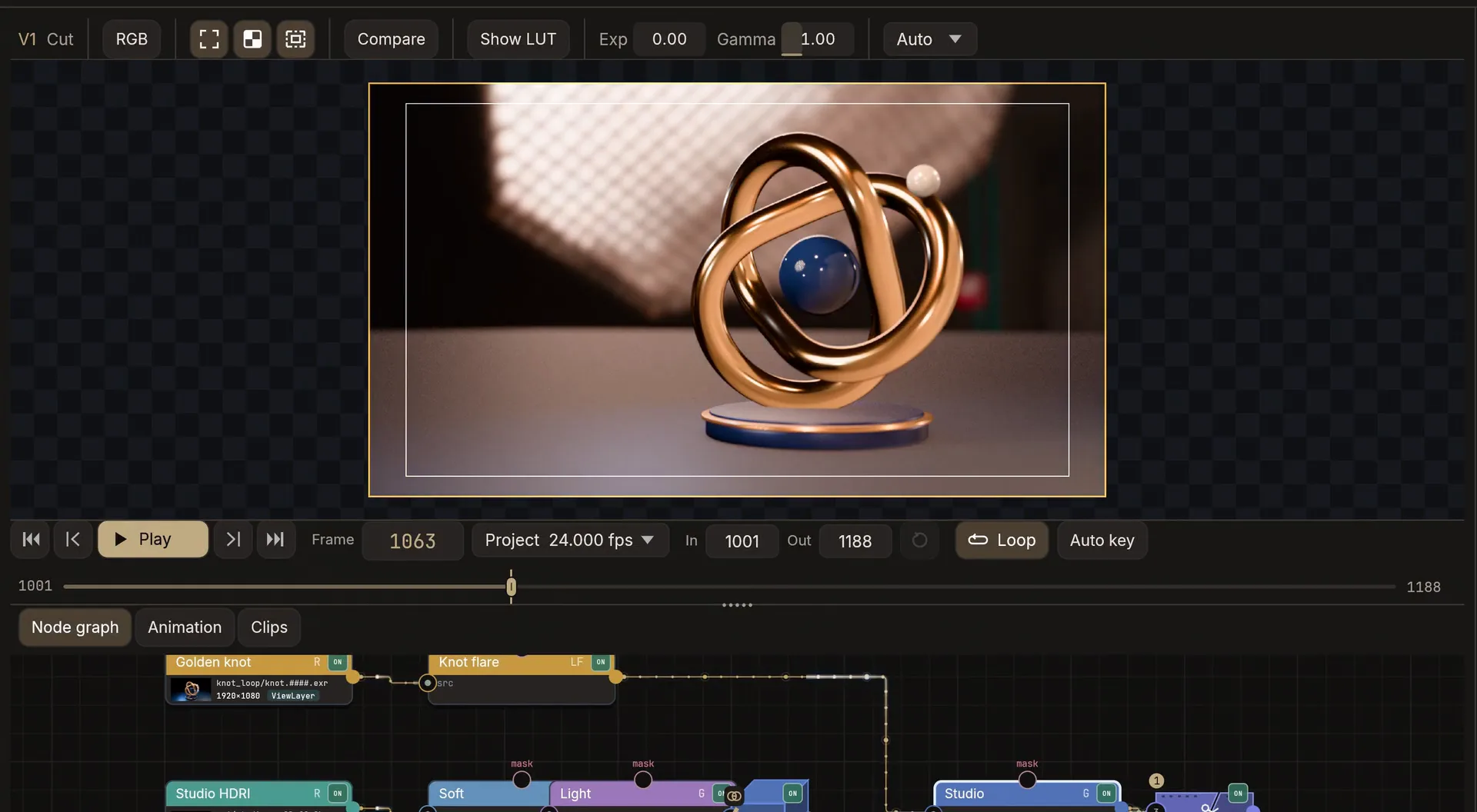 BATIQ playing an Edit node named Cut in the Viewer, a gold knot on a pedestal, with the Knot flare and Studio comp branches wired into it in the node graph