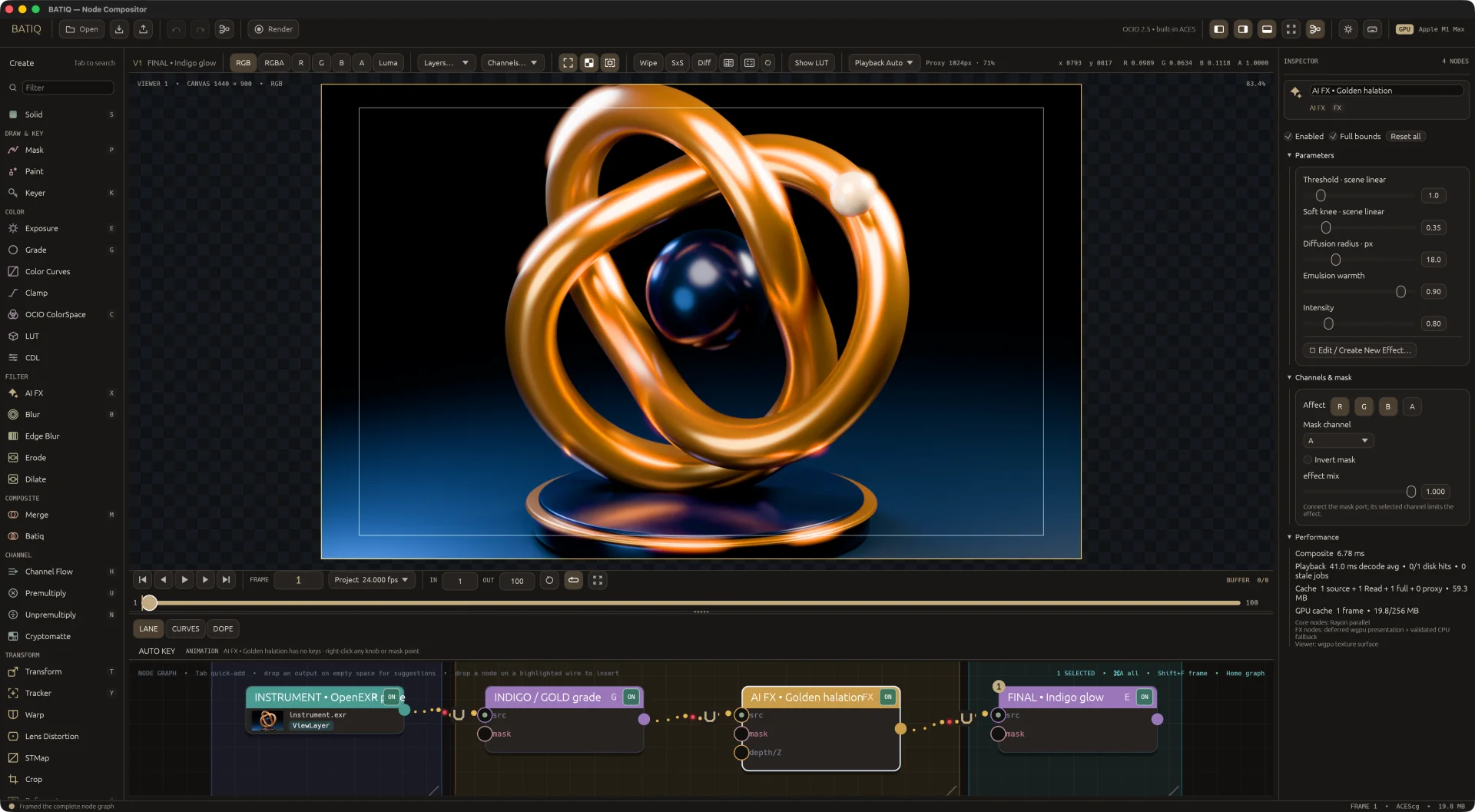 BATIQ’s native compositing workspace with a node graph and image Viewer