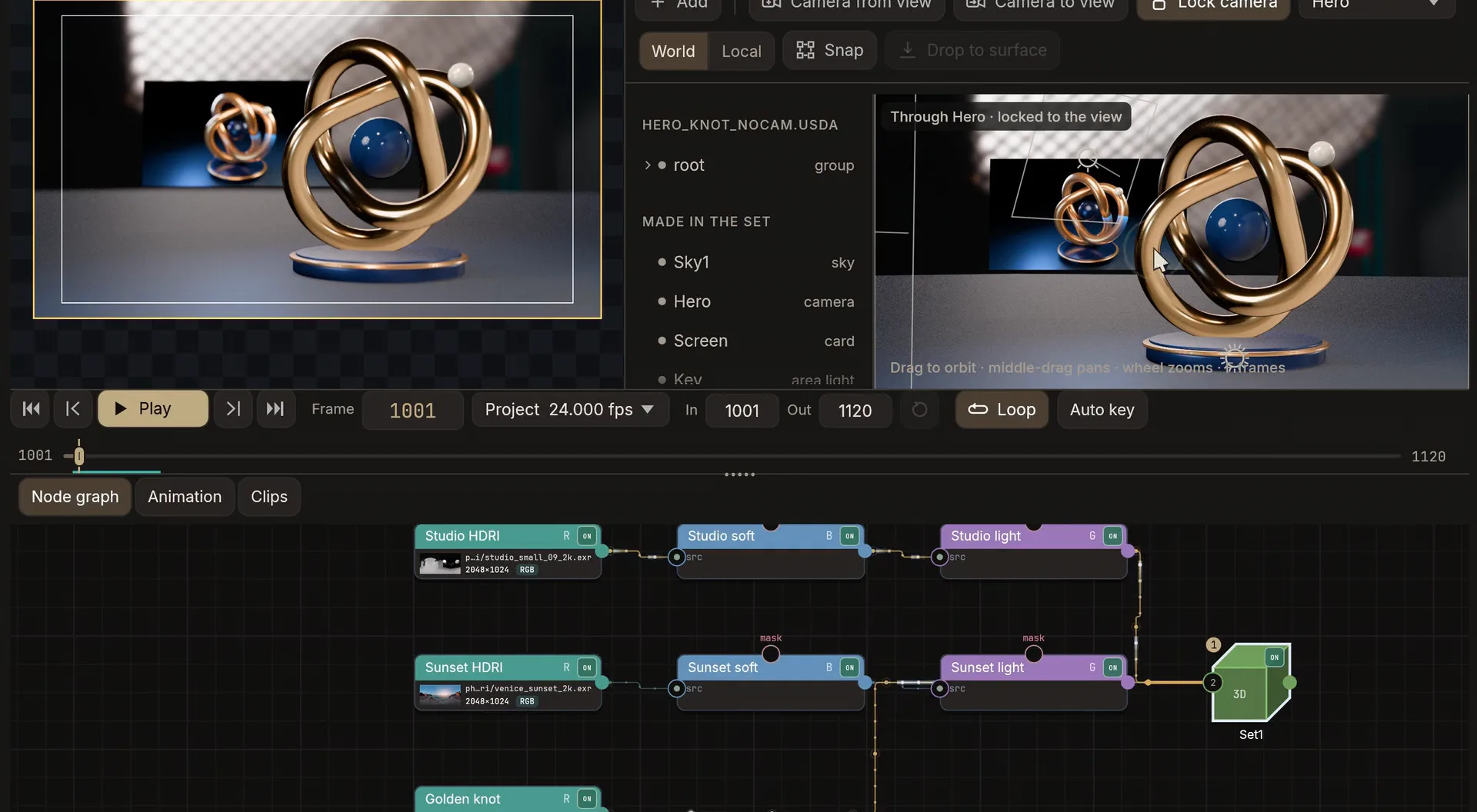 BATIQ with the 3D Set panel open: a gold knot lit by a studio HDRI in the Viewer, and the node graph wiring studio and sunset HDRIs into the Set node